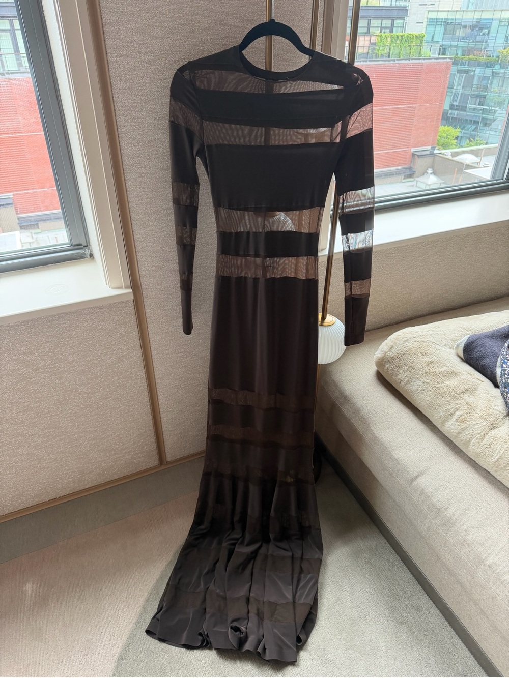 Norma Kamali Chocolate Brown Long-Sleeve Sheer-Stripe Maxi Dress